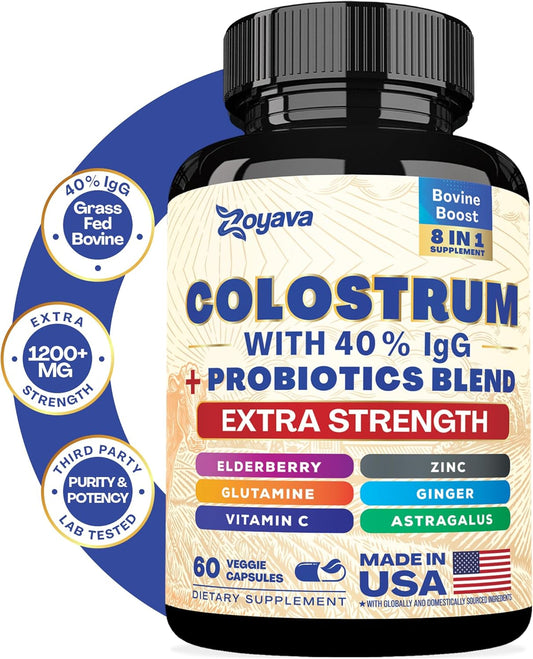 Cápsulas de suplemento de calostro bovino 5250 MG, calostro de vaca alimentado con pasto con 40% de IgG 500 MG, probióticos 50 MG, saúco 2000 MG, L-glutamina 200 MG, astrágalo 2000 MG de vitamina C, jengibre, zinc