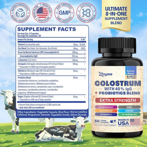 Cápsulas de suplemento de calostro bovino 5250 MG, calostro de vaca alimentado con pasto con 40% de IgG 500 MG, probióticos 50 MG, saúco 2000 MG, L-glutamina 200 MG, astrágalo 2000 MG de vitamina C, jengibre, zinc