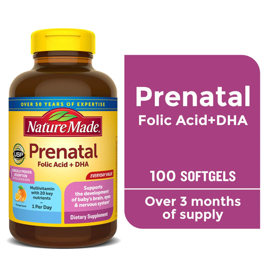 Prenatal con ácido fólico + cápsulas blandas de DHA X100