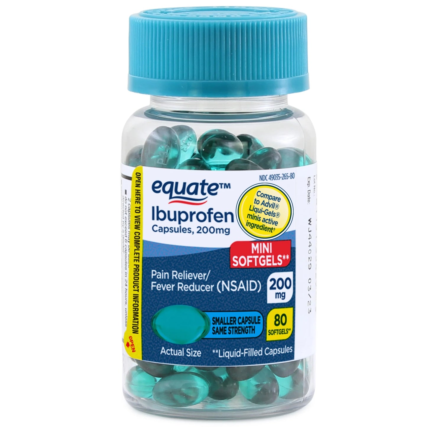 Ibuprofeno, marca Equate, 200 mg, 80 cápsulas de Gel